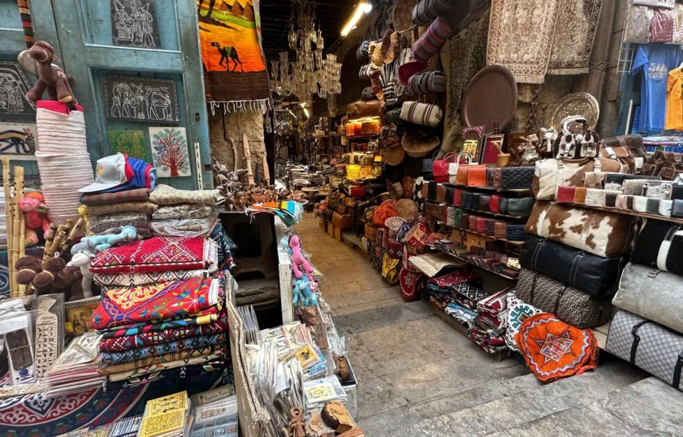 Street in Cairo Bazaar full of handicrafts for sale.