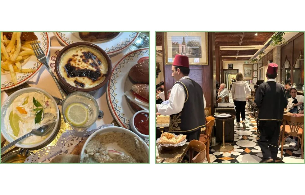 Typical food and interior view of traditional Khan el-Khalili Restaurant in Old Cairo.