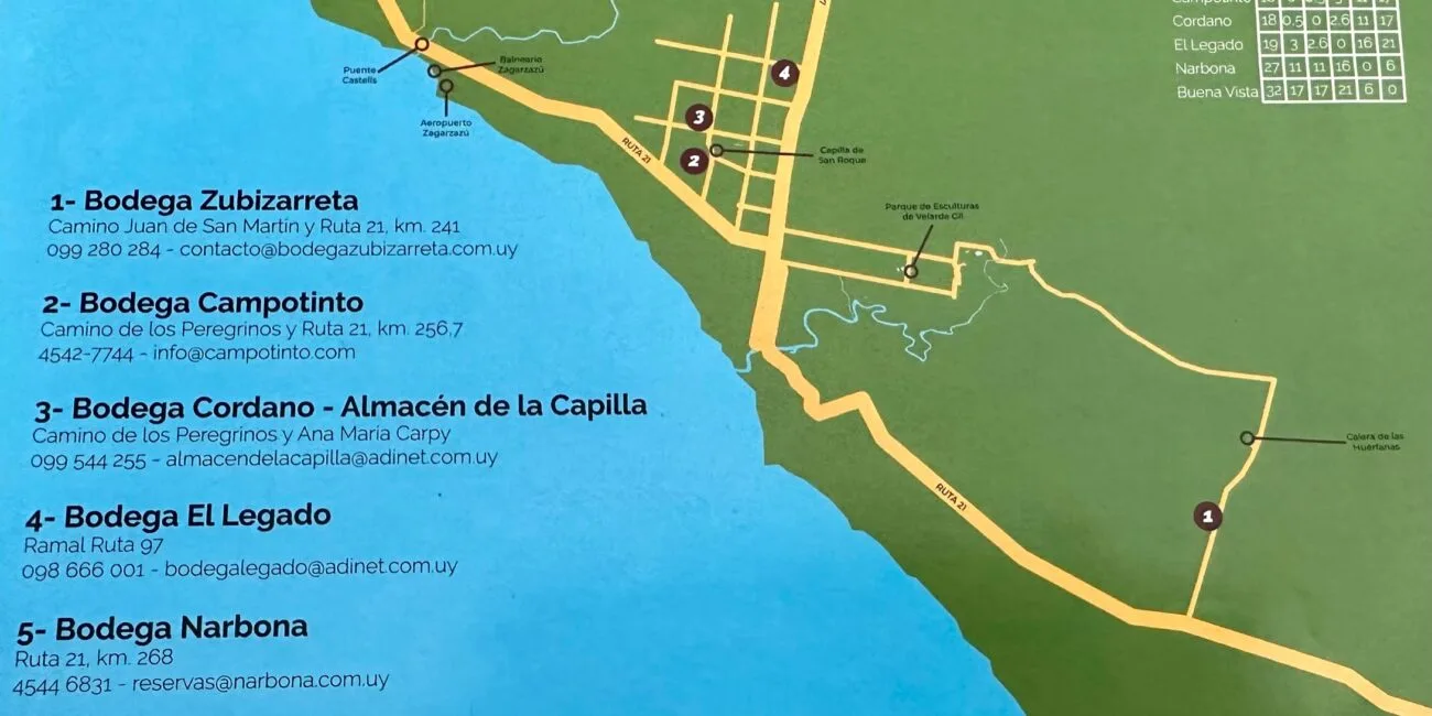 Map that shows the location of six wineries in Carmelo Uruguay.