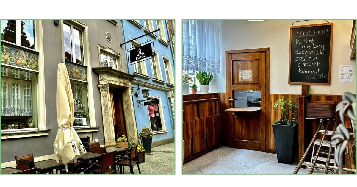 Exterior and Interior of a ‘milk bar’ in Gdansk from communist era. A Blackboard advertises menu.