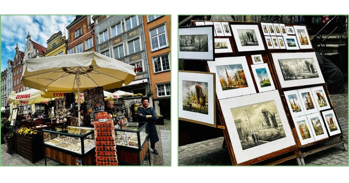 Street market and paintings for sale in stalls in Old Town Gdansk.