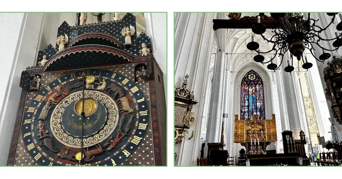 An astronomical clock with zodiac signs, Sun/moon position and moving figures.  Also white interior of the church with a stained glass arch window.