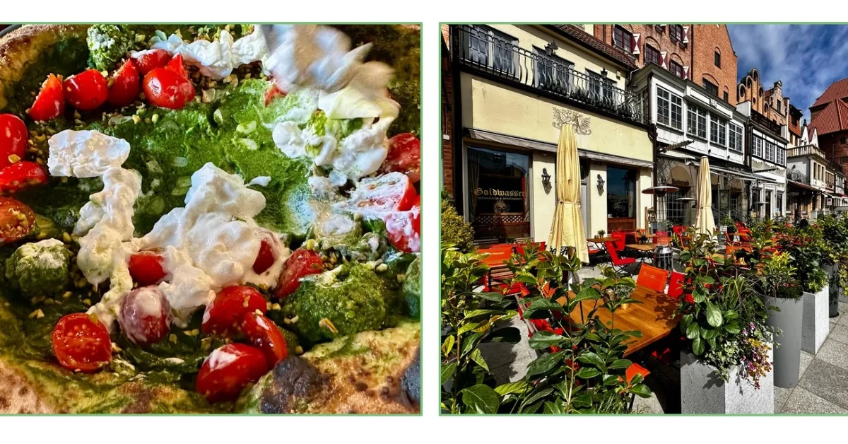 A pizza with pesto, tomatoes and burrata cheese and an outdoor patio restaurant in Gdansk Poland.
