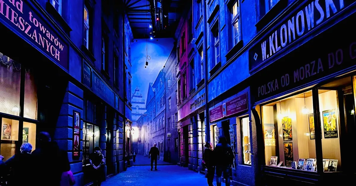 Exhibit in WW2 museum shows a pre-war typical street in Poland.
