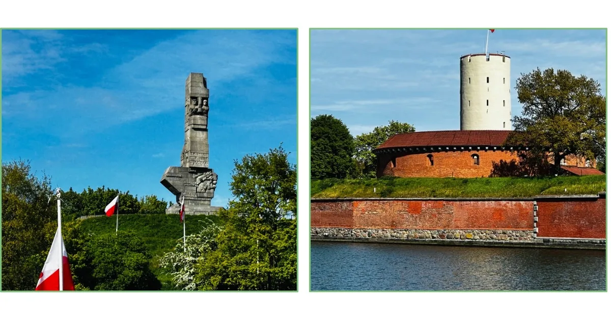Tall concrete statue on top of a hill with Polish flag next to it. Also a fortress with rounded brick base and white look out tower on the river in Gdansk.