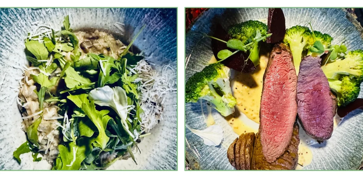 Dishes of risotto and deer steak being served in a restaurant.