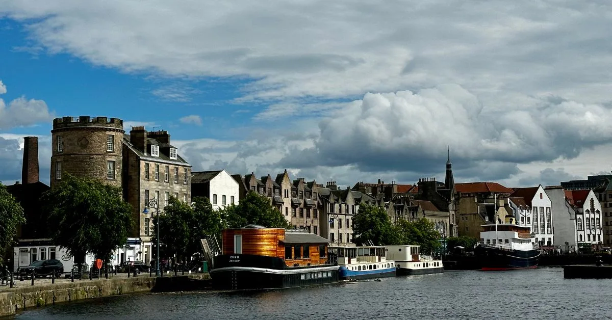 Boats moored at Leith Waterfront, near Edinburgh.