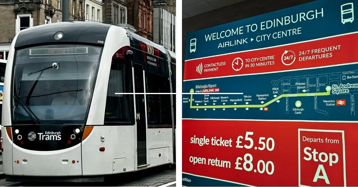 A tram and bus map to showing stops from Edinburgh Airport into the city.