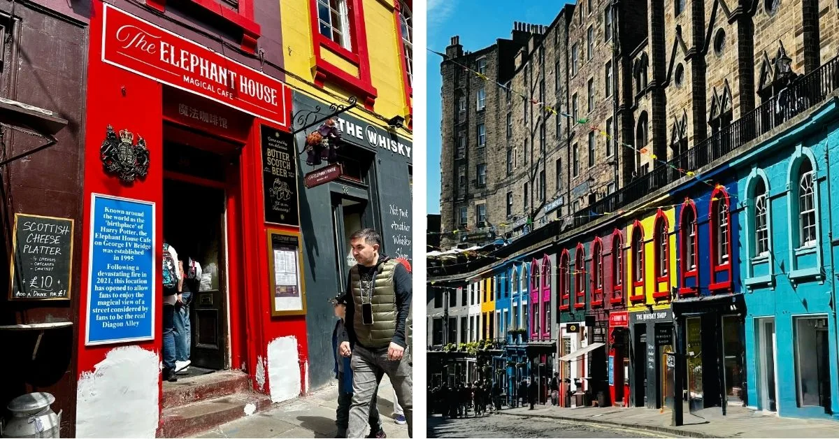 People exploring a multi coloured street curved in Victoria architecture in Edinburgh. The Elephant House is popular with Harry Potter fans.