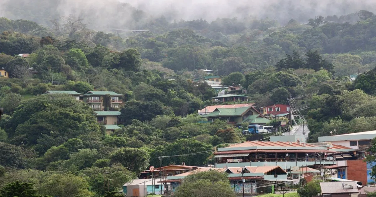 Monteverde Cloud Forest with homes on hillside around Santa Elena town.