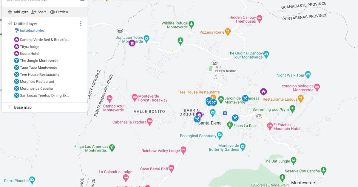 Map of Hotels and Places to Eat in Monteverde