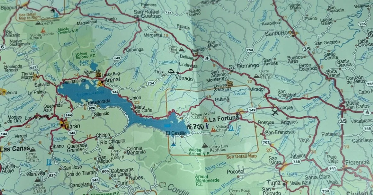 Map showing location of La Fortuna and Lake Arenal Costa Rica