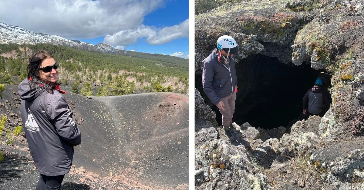 Woman next to a crater on Mount Etna and second image of man standing at entrance to a lava cave