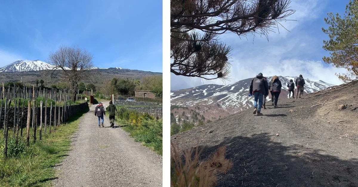 People treking on a Mount Etna hike