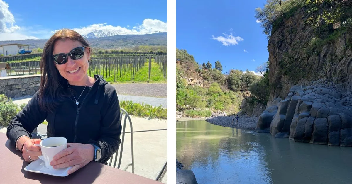 Woman drinking coffee outside with Mount Etna in background. Second image of a gorge with rocks and river