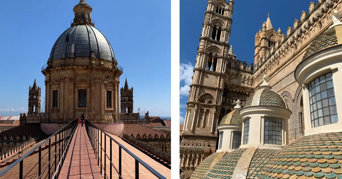 Walkway with railings on the rooftop of the cathedral leading to large dome