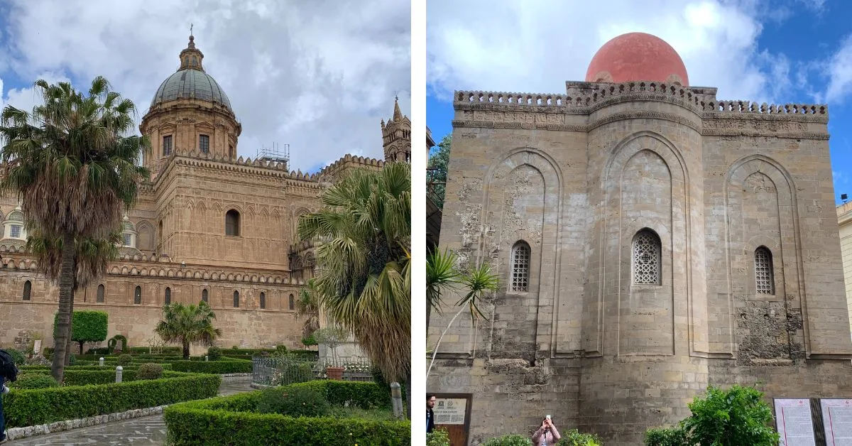 Two churches with a Moroccan feel to them with domes and orange brickwork