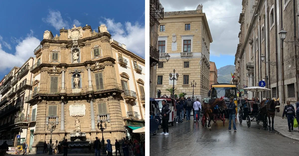 Part of a building with facades of statues on three levels and horse and carriages by pavement offering rides to tourists