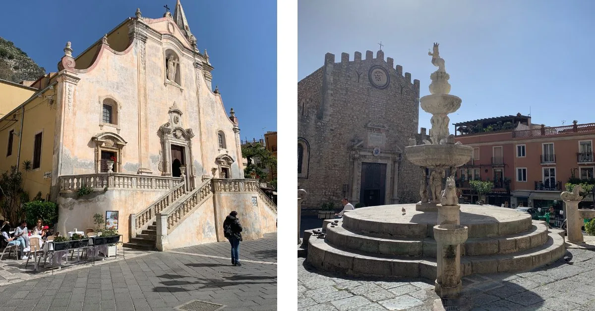 2 images showing Church entrances and fountains