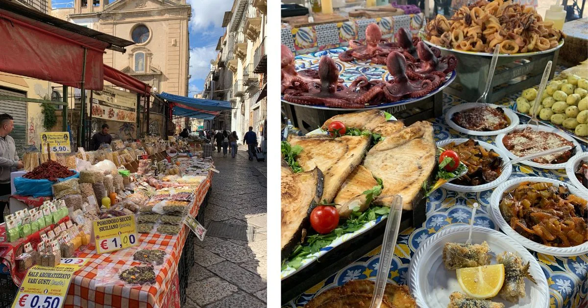 Market stalls selling range of Italian food