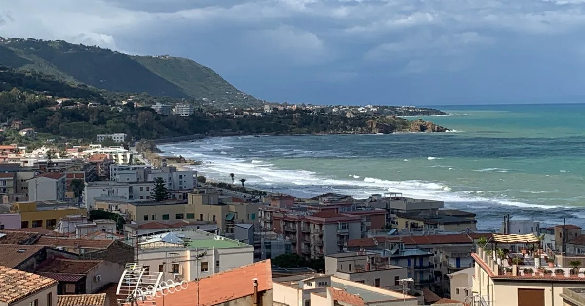 View of town showing coast in background