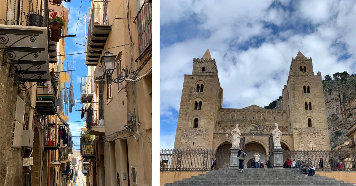 Narrow streets of Cefalu showing washing hanging up and second image of huge Cathedral with twin towers