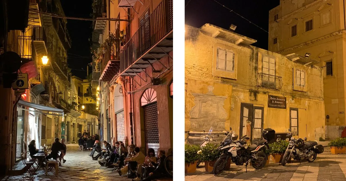 Evening scenes of narrow cobbled streets with people outside chatting and a second image of old building lit up and scooter bikes outside