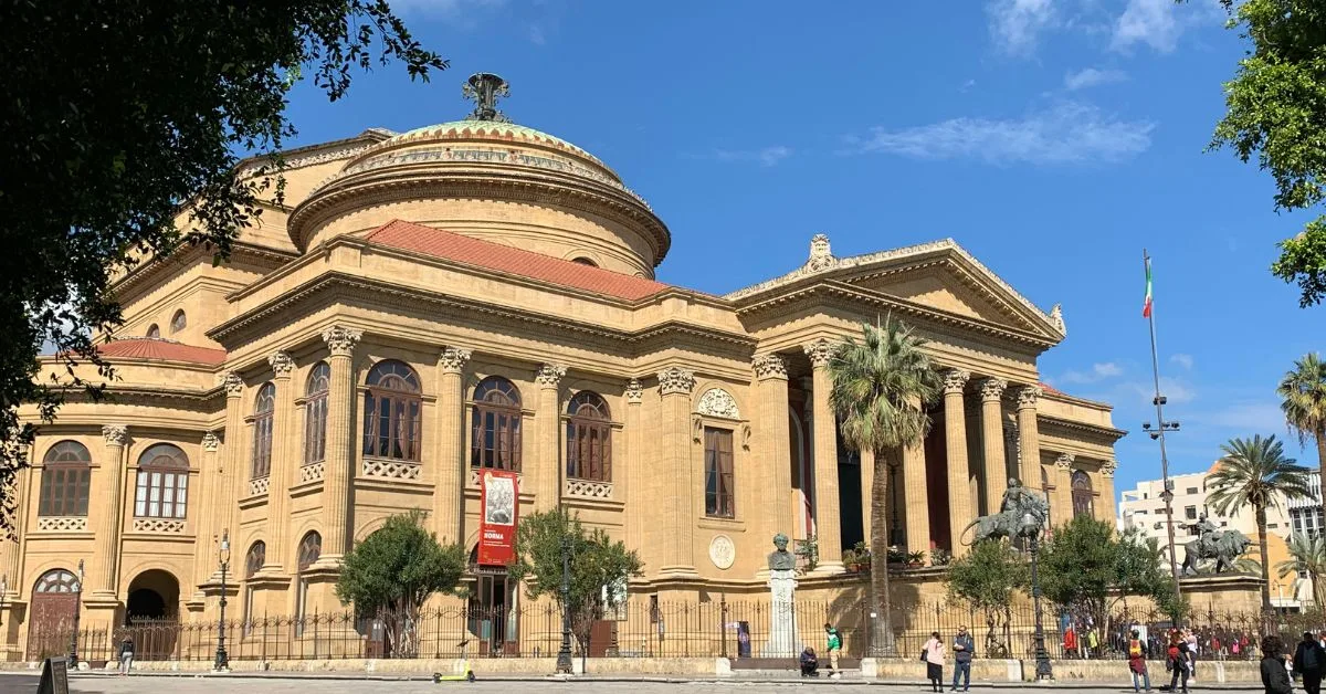Large pillared building looking like a Roman temple but is a theatre