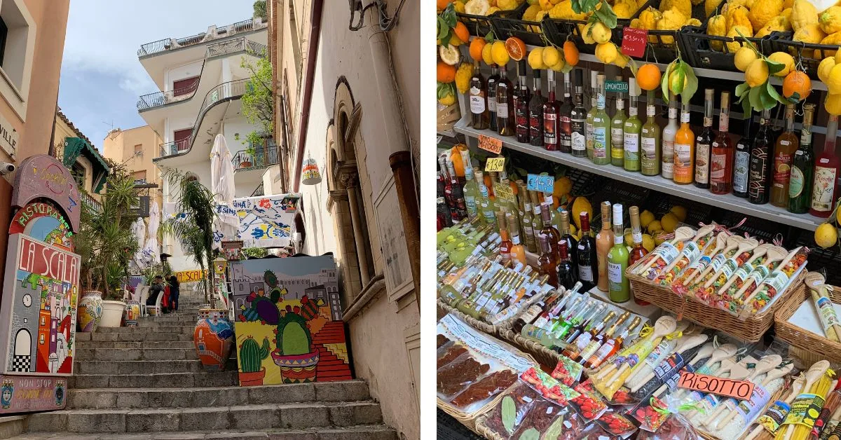 Steps leading up to a building with paintings for sale by the side of the steps and a second image of inside a shops selling drinks and oils.