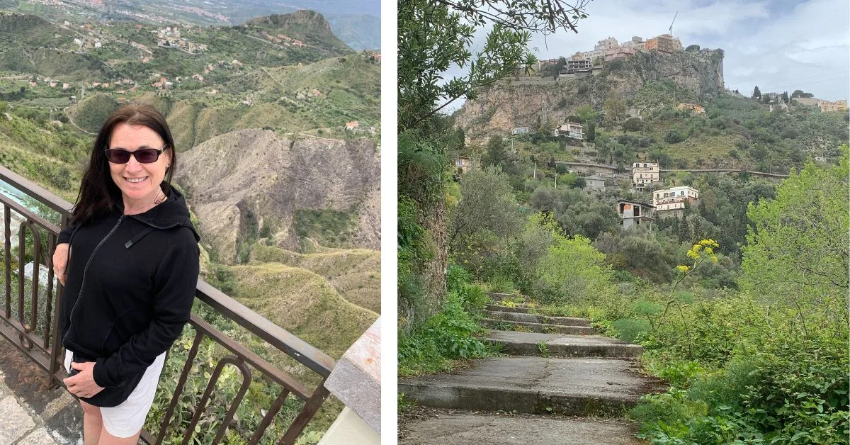 Views of Castelmola village looking down and pathway looking up