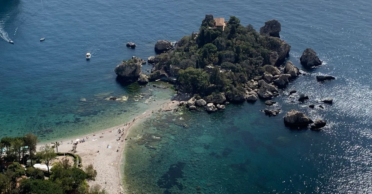 Looking down on Isola Bella Beach from bird's eye view