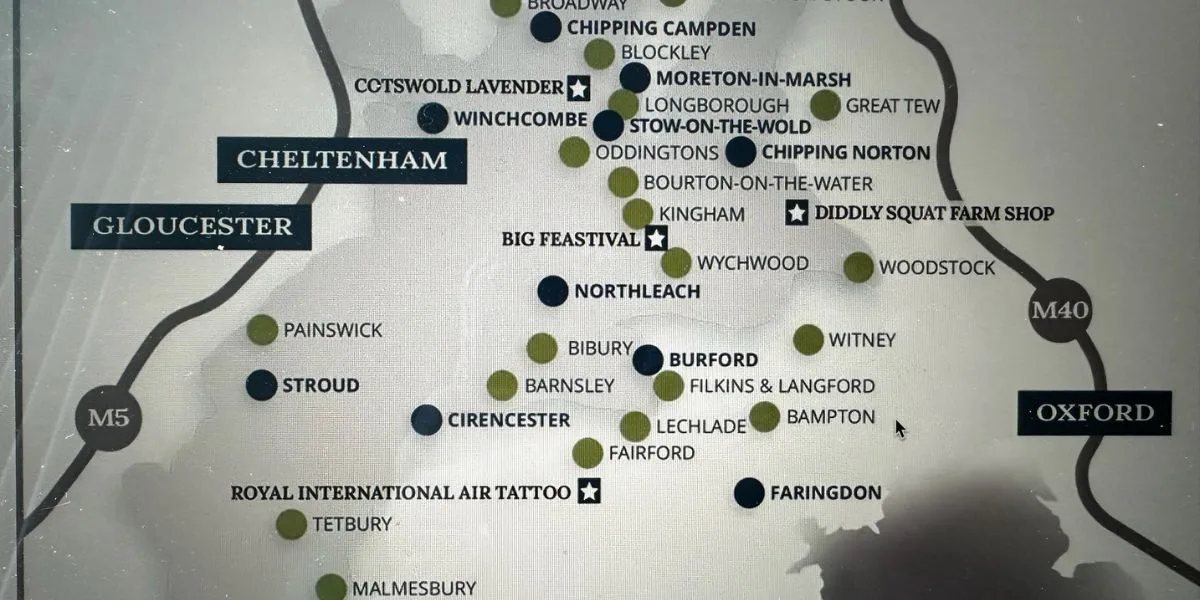A map of different towns in the Costwolds
