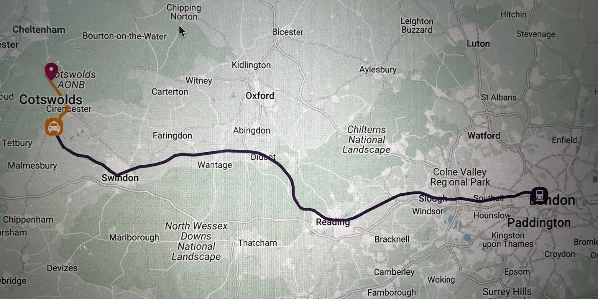 Illustrative map of distance from London to The Cotswolds
