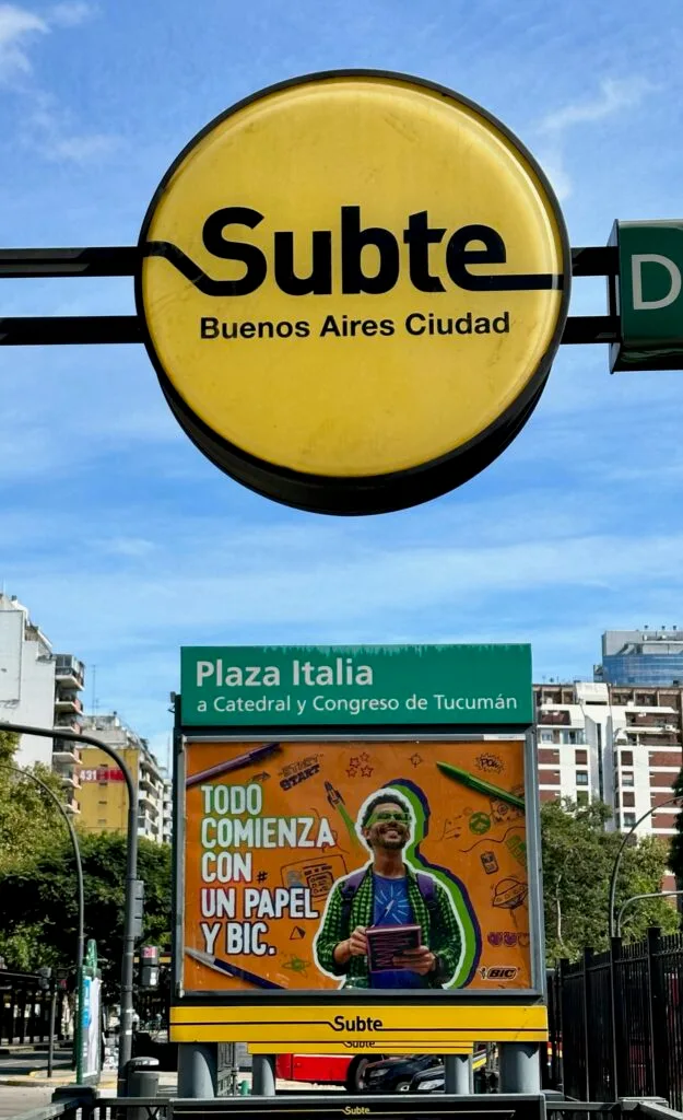 Sign for Subte Station in Buenos Aires. This is one of the many entrances to the underground transportation system within the city of 10 million people.