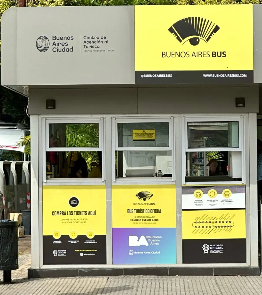 A booth within Buenos Aires city where tourists can buy a ticket for a bus tour around the city. The bus stops at key sights and a full tour takes around 2-3 hours.