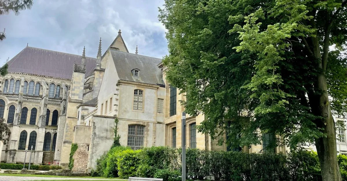 Saint Remi Basilica - a stone ornate building surrounded by trees.