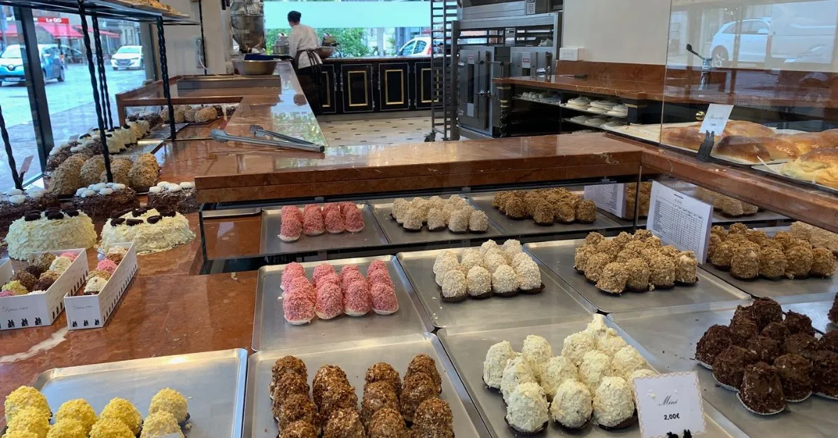 Rows of cakes in a French pattisiere.