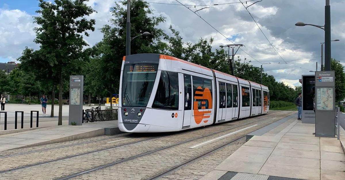 Tram at a stop in Reims France.