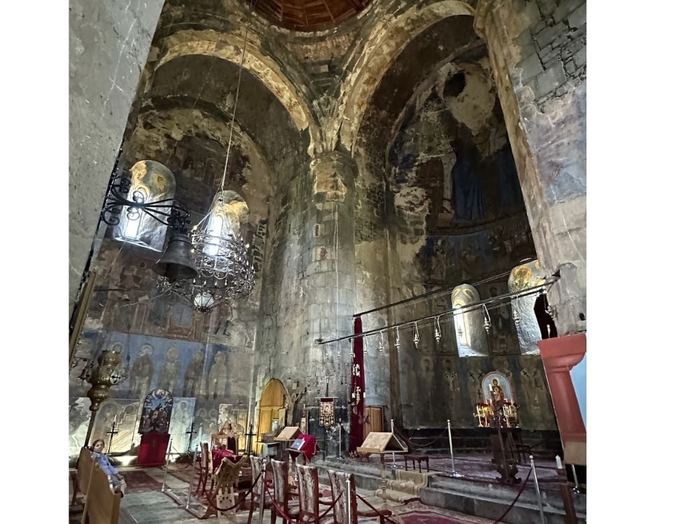 Inside Akhtala Church of the Holy Mother of God showing beautiful frescos