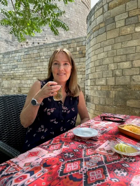 Drinking Azeri tea at Qiz Qalasi cafe