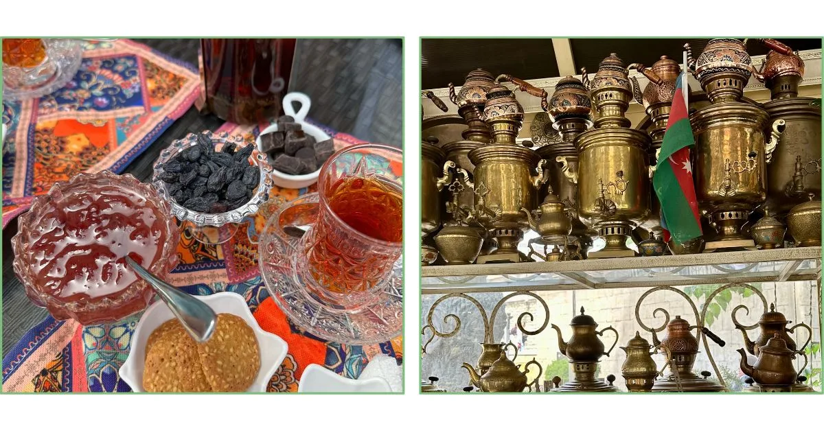 A traditional tea with jam and nuts and traditional samovars.
