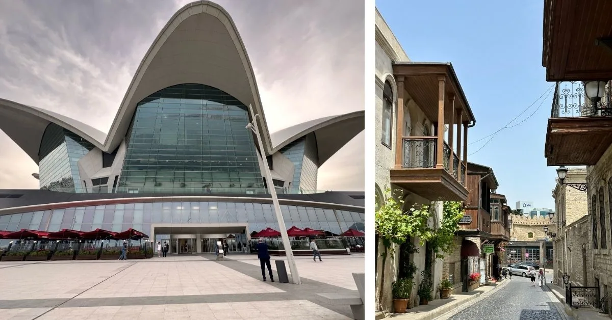 A modern shopping mall designed like a flower and a traditional narrow cobbled street in Old Baku.