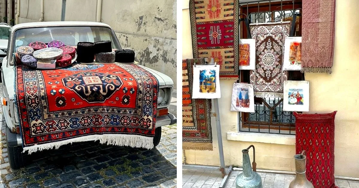 A car in Baku Azerbaijan is used as a showroom to sell rugs and other local souvenirs.