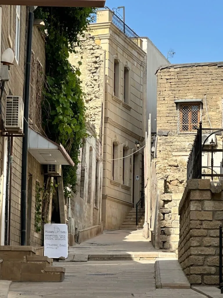 Narrow street with stone pavement area in Baku.