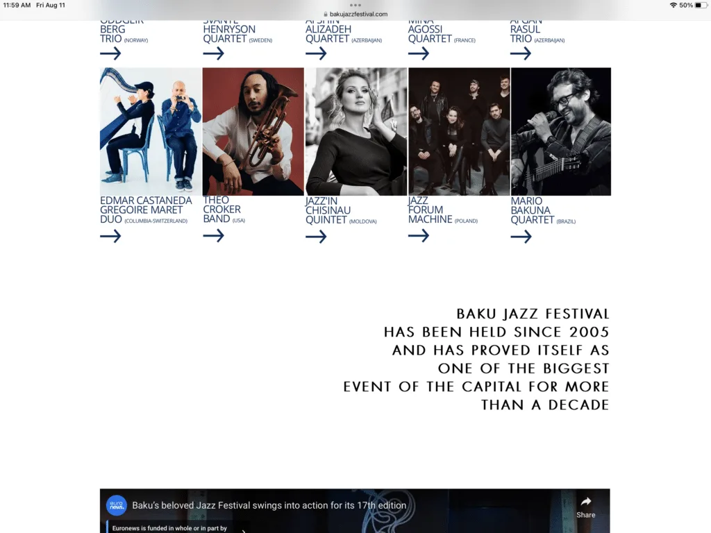 Advert for Baku International Jazz festival shows performers and history of the event, now in its 18th year.
