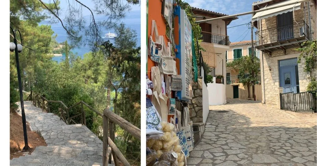 Paved Steps leading up to village and second image of side street of houses and souvenir shop