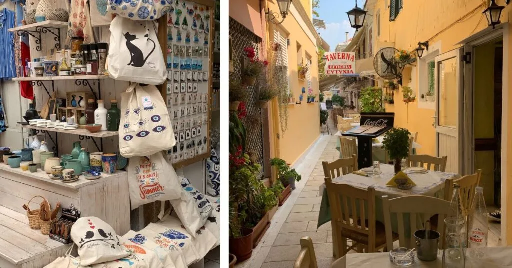 Souvenir shop and narrow side street restaurant in Lefkada town with tables laid out