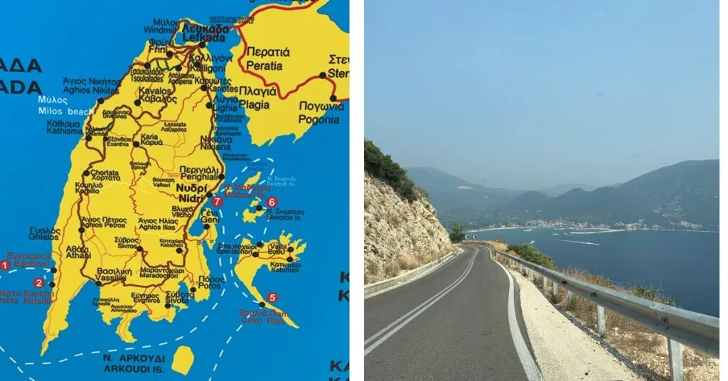 Tourist map of Lefkada Island and second image of the main island paved coastal road