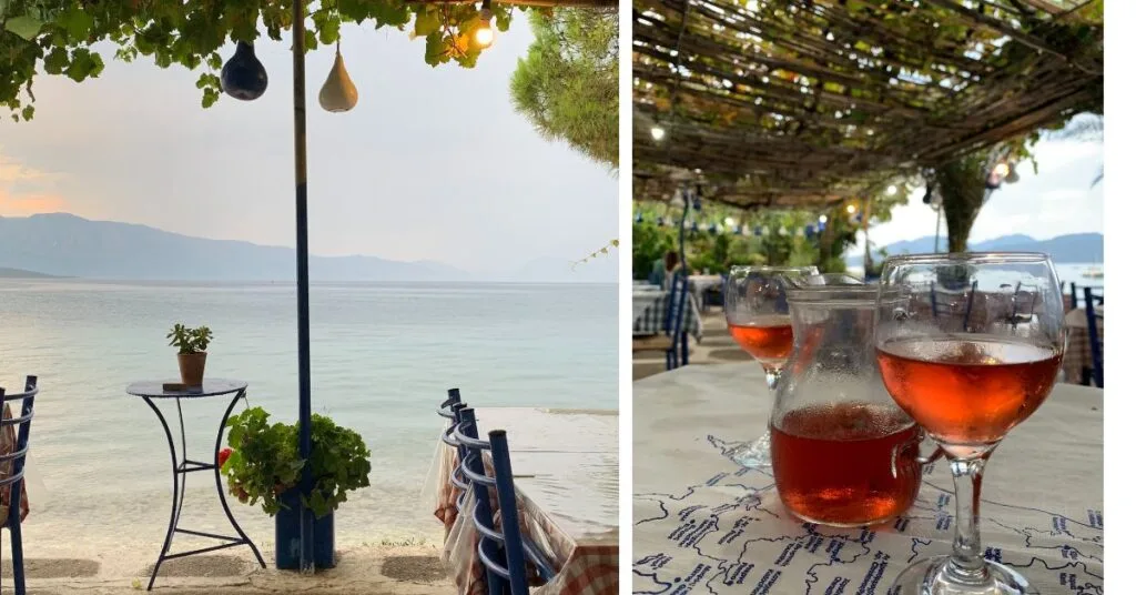Beachside restaurant and image of rose wine in two glasses