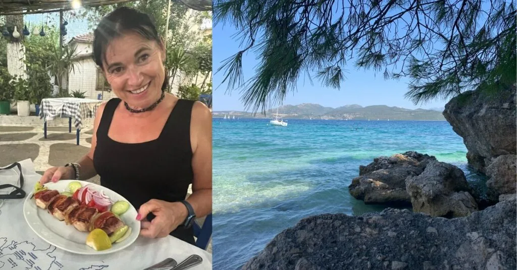Woman showing her evening meal of fish and sitting by the sea